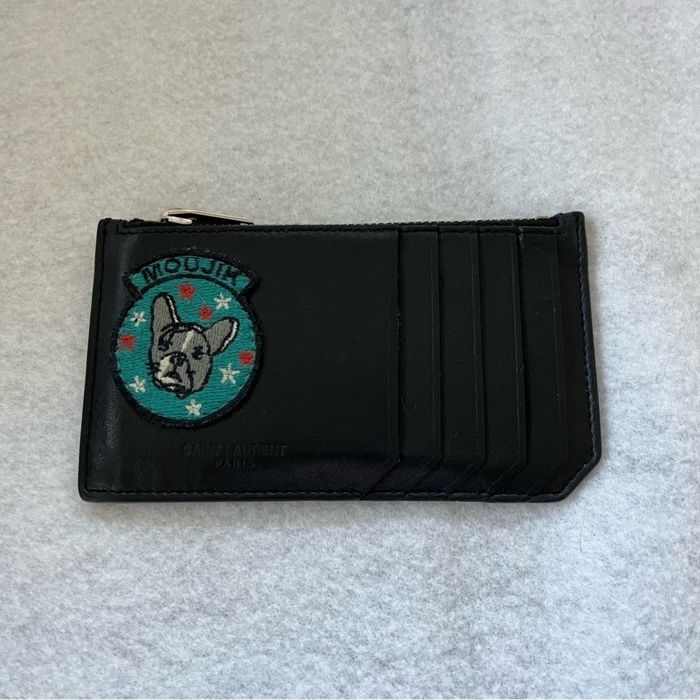 SAINT LAURENT Moujik French Bulldog Fragment Card Holder Black Leather